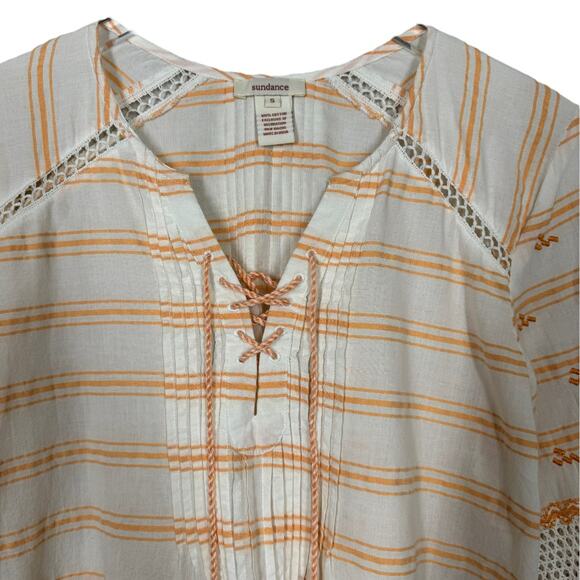 Sundance Sunset Stripes Top Small Lace Up Embroidered Blouse White Orange Boho - Picture 4 of 6